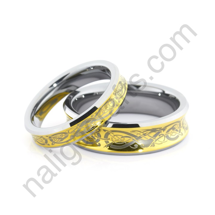 แหวนคู่ทังสเตนคาร์ไบด์ สีทองทรงเว้า เลเซอร์ลาย