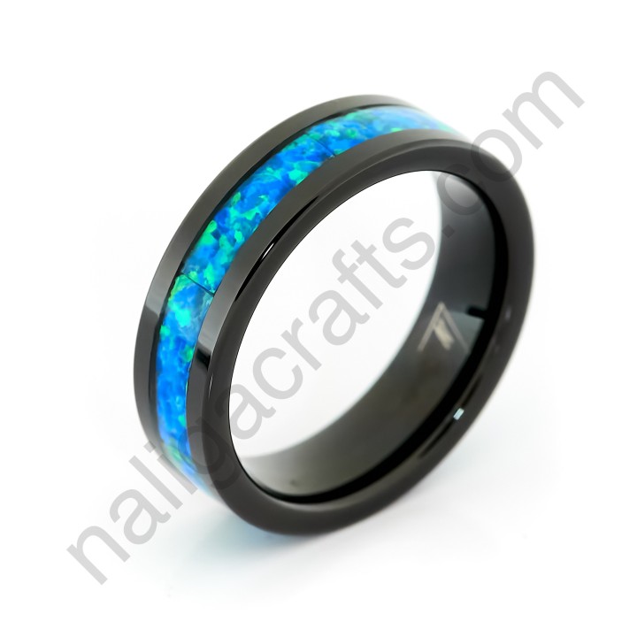 แหวนทังสเตนคาร์ไบด์สีดำ ฝังโอปอล์แท้สีฟ้าอมเขียว